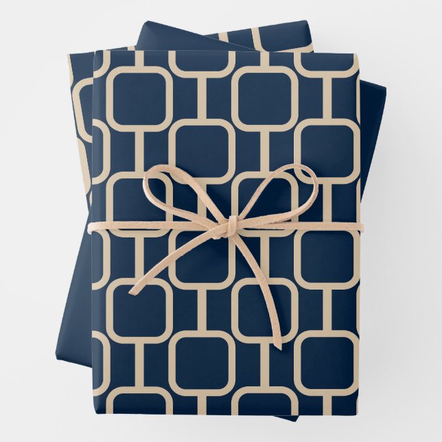 Mod Links Geometric Pattern Mid Century Dark Blue Wrapping Paper Sheet (In situ)
