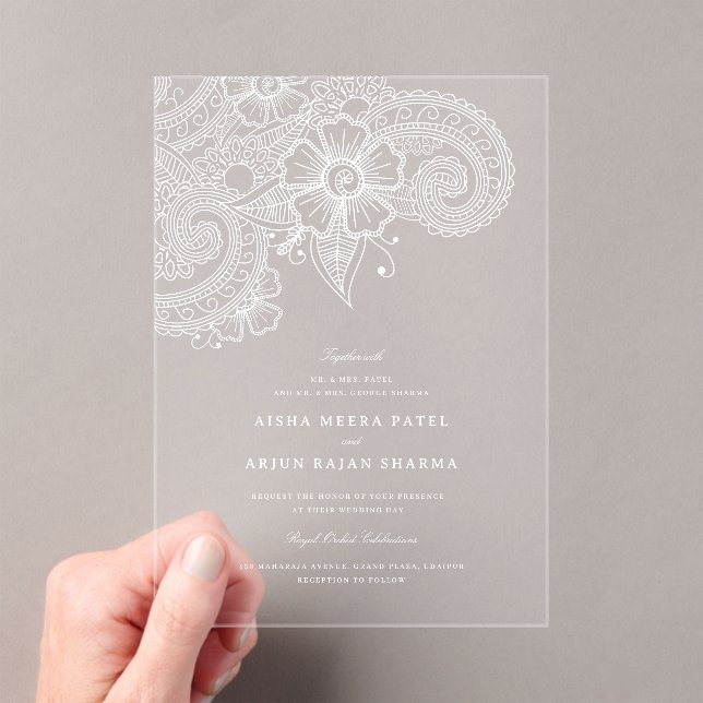 Mod Mehandi Clear Acrylic Wedding Invitation (Insitu (Handheld))