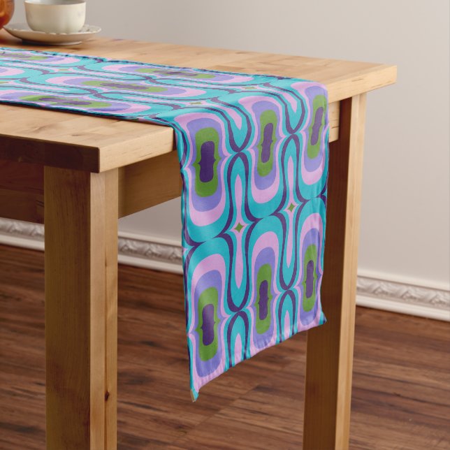Mod mid century blue retro pattern short table runner (In Situ)