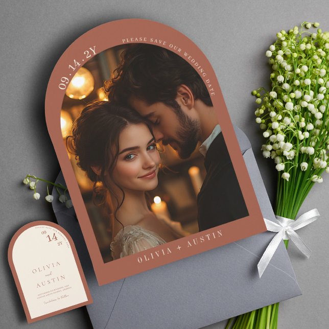 Mod Minimalist Terracotta Arch Photo Save the Date Invitation (Creator Uploaded)