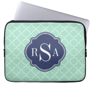 Mod Mint Green Trellis Blue Monogram Laptop Sleeve