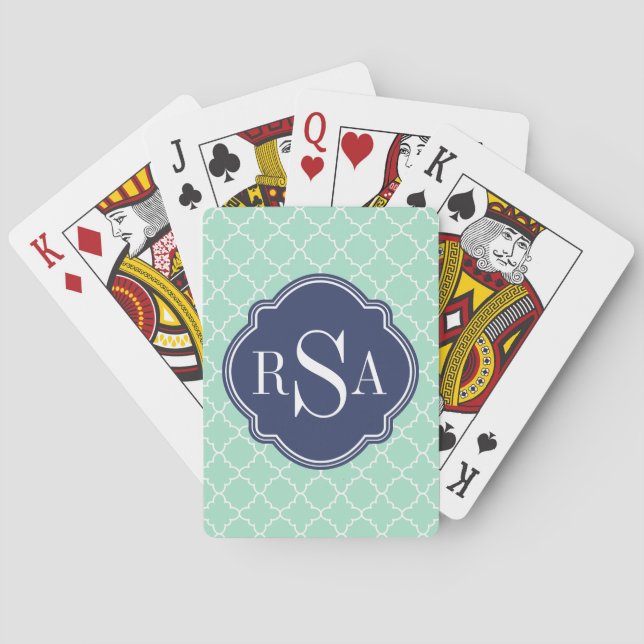 Mod Mint Green Trellis Blue Monogram Playing Cards (Back)