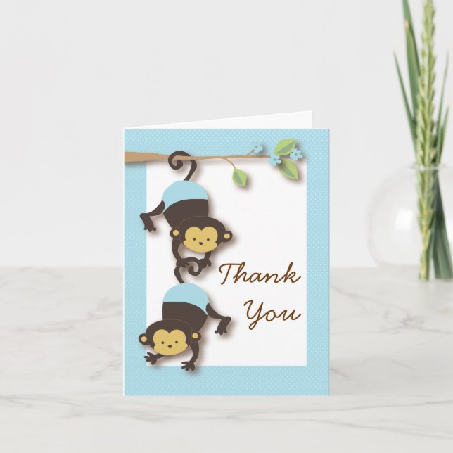 Mod Monkey Baby Boy Blue Thank You Card (Front)
