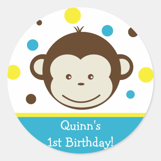 Mod Monkey Birthday Party Sticker Label Boy Kid (Front)
