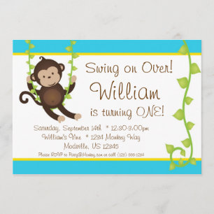 Mod Monkey Blue and Yellow Birthday Party Invite