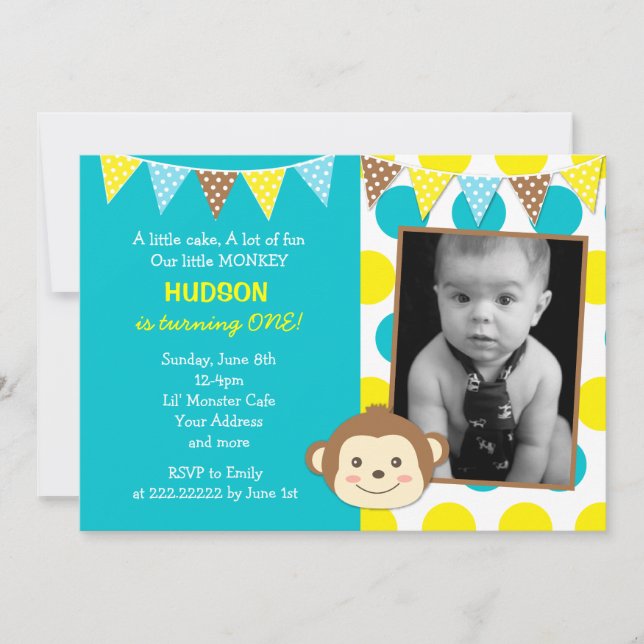 Mod Monkey Boy Photo Birthday Invitations (Front)