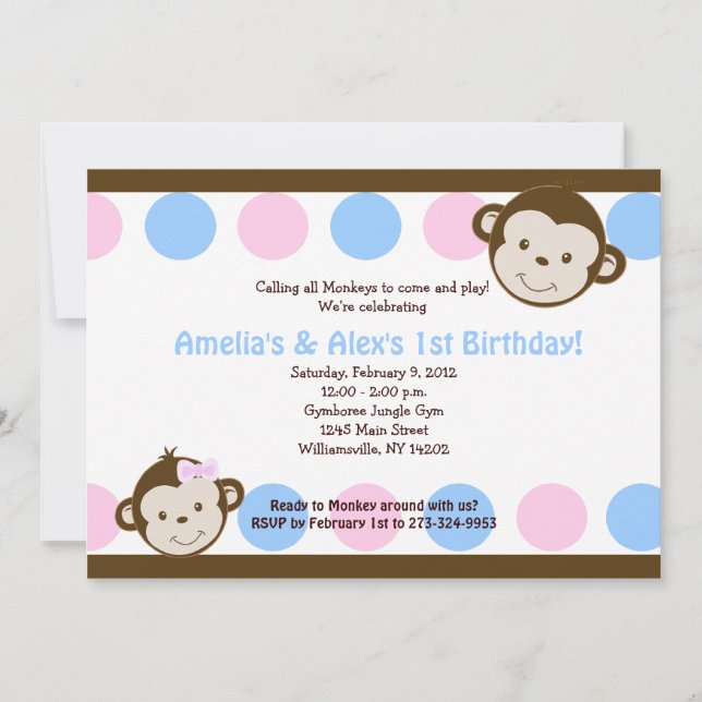 Mod Monkey Twins Pink/Blue 5x7 Birthday Invitation (Front)