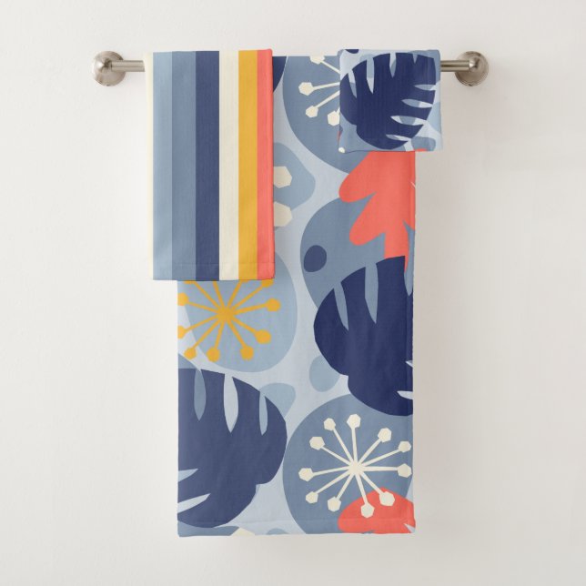 Mod Monstera Leaf Abstract Hawaiian Tropical -Blue Bath Towel Set (Insitu)