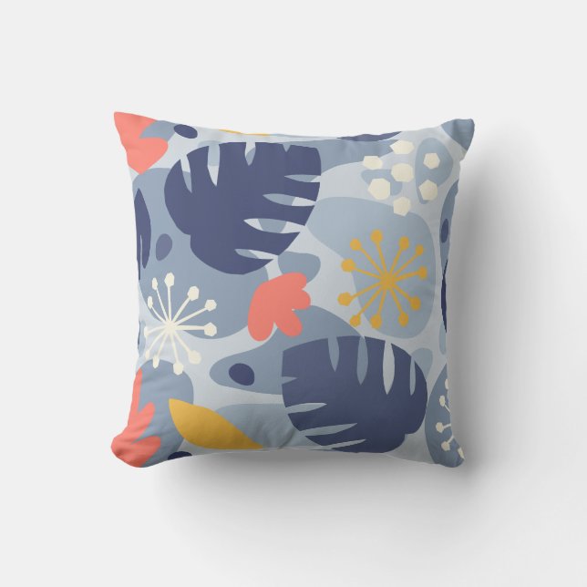 Mod Monstera Leaf Abstract Hawaiian Tropical -Blue Cushion (Front)