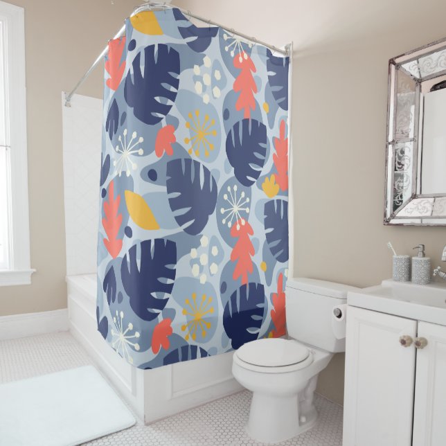 Mod Monstera Leaf Abstract Hawaiian Tropical -Blue Shower Curtain (In Situ)