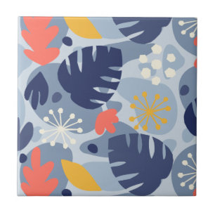 Mod Monstera Leaf Abstract Hawaiian Tropical -Blue Tile