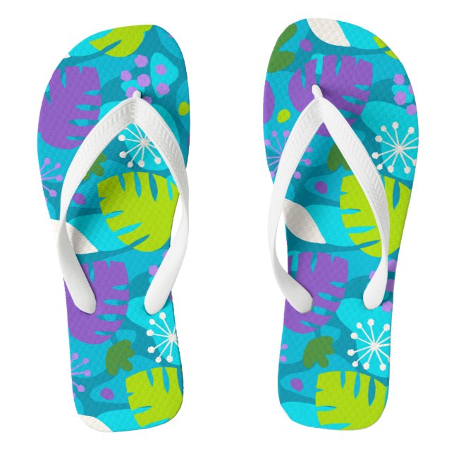 Mod Monstera Leaf Abstract Hawaiian Tropical -Teal Jandals (Footbed)