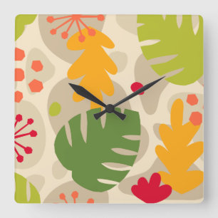 Mod Monstera Leaf Abstract Hawaiian Tropical -Warm Square Wall Clock