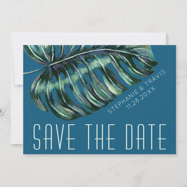 Mod Monstera Leaf Green and Moody Blue Wedding Save The Date (Front)