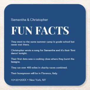 Mod Navy Blue white custom fun fact list Wedding Square Paper Coaster