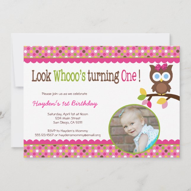 Mod Owl 1st Birthday Invitation - First Party (Front)