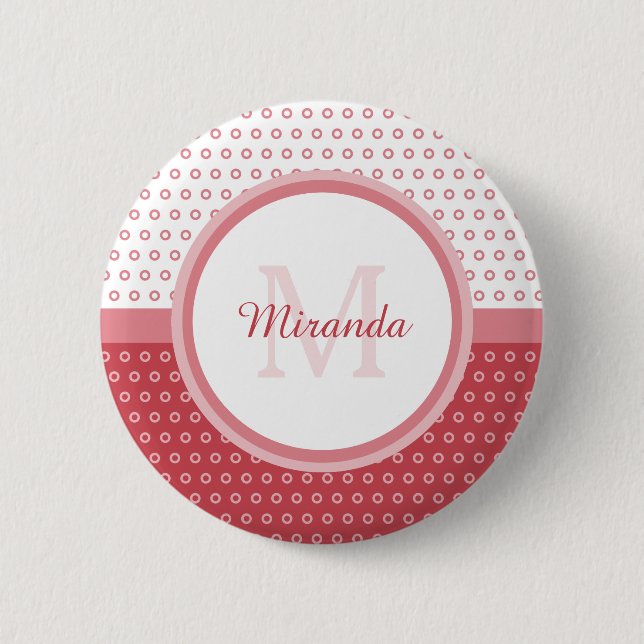Mod Pink and White Polka Dots Monogram With Name 6 Cm Round Badge (Front)