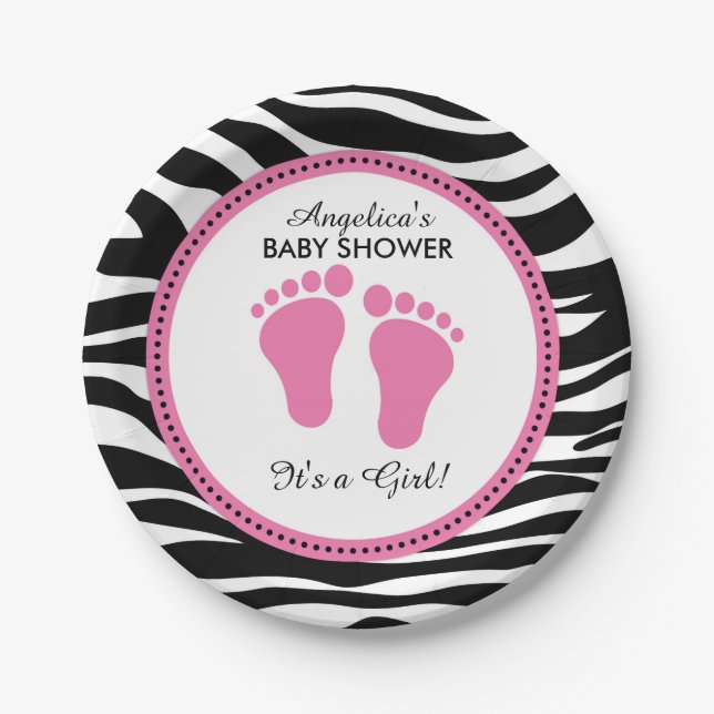 Mod Pink and Zebra Paper Party Plates, Baby Shower Paper Plate (Front)