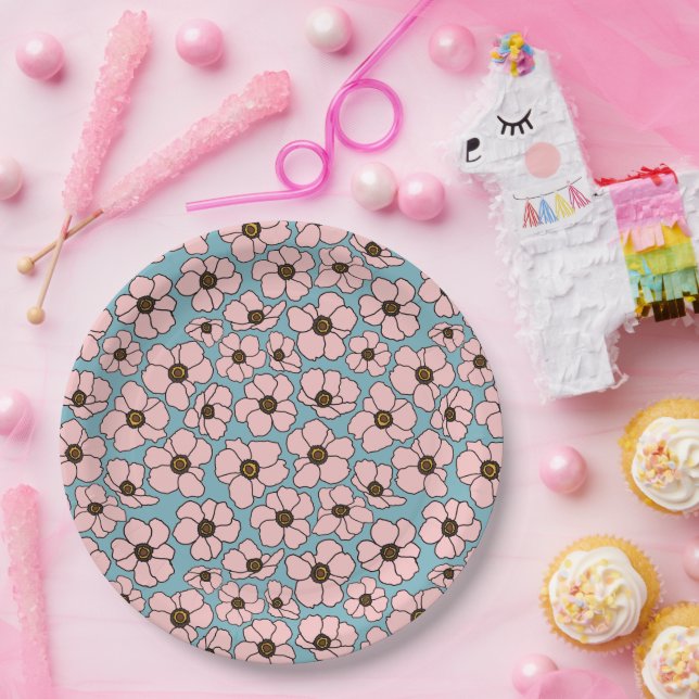Mod Pink Flowers On Teal Blue Paper Plate (Party)