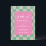 Mod Pink Mint Green Chequerboard Bat Mitzvah  Invitation<br><div class="desc">Mod Pink Mint Green Chequerboard Bat Mitzvah Invitation</div>