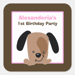 Mod Pink Puppy Square Favour Stickers (6 Large)