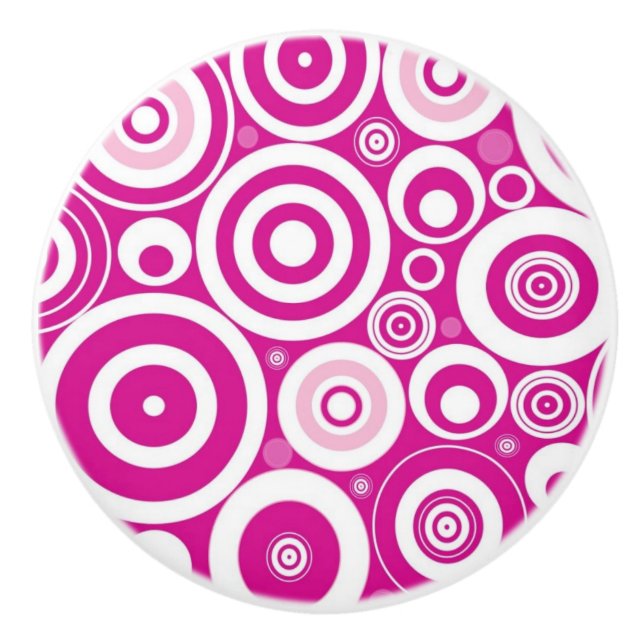 Mod Pink & White Concentric Retro Circles Ceramic Knob (Front)