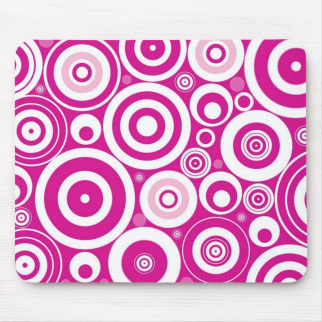 Mod Pink & White Concentric Retro Circles Mouse Pad (Front)