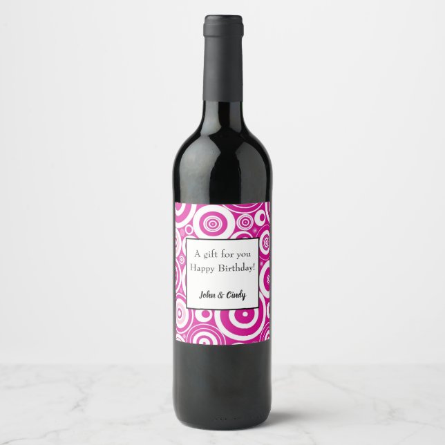 Mod Pink & White Concentric Retro Circles Wine Label (Front)
