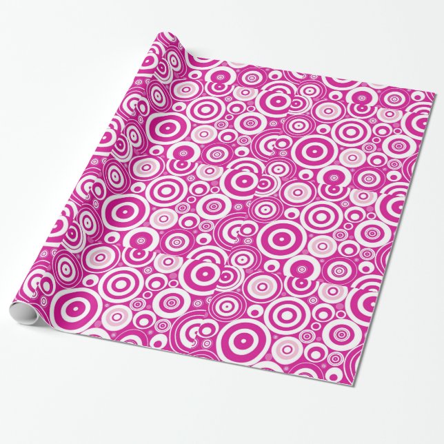 Mod Pink & White Concentric Retro Circles Wrapping Paper (Unrolled)