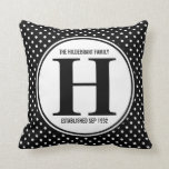 Mod Polka Dots Family Monogram Cushion<br><div class="desc">A modern large monogram in black and white, on a circle shape surrounded in a classic black and white polka dot patterned background. Personalise with your family surname and wedding date for a stylish monogrammed throw pillow for any decor.</div>