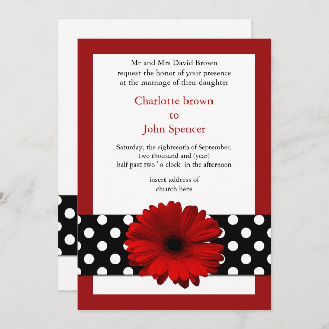 mod polka dots red gerbera daisy invitation (Front/Back)