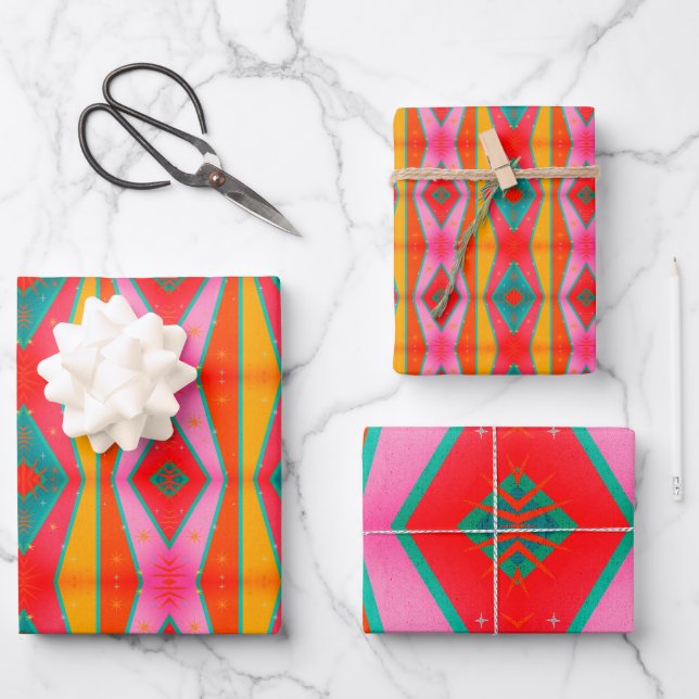 Mod Pop Diamond Pattern Pink Orange Blue Yellow Wrapping Paper Sheet (Front)
