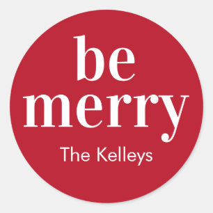 Mod Print Be Merry Holiday Tag, Red Classic Round Sticker