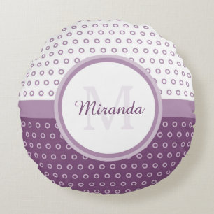 Mod Purple and White Polka Dots Monogram With Name Round Cushion