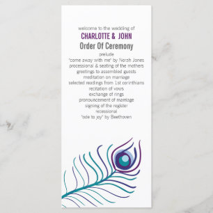 Mod purple, teal blue peacock wedding programs programme