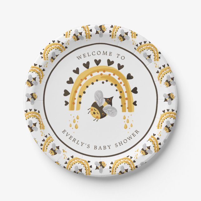 Mod Rainbow Bumblebee Honey Bee Baby Shower Paper Plate (Front)