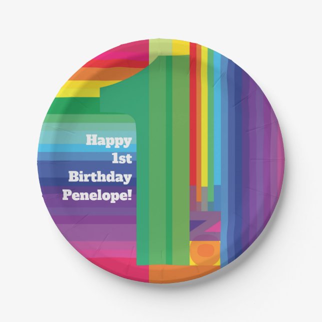 Mod Rainbow Colourful 1st Birthday Party Paper Plate (Front)