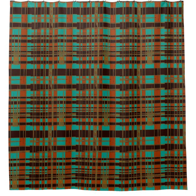 Mod Retro Asymmetrical Tartan Pattern Copper Teal Shower Curtain (Front)