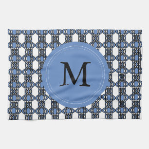 Mod Retro Monogram Blue Abstract Scarab Pattern Tea Towel