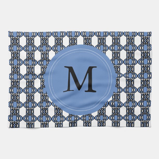 Mod Retro Monogram Blue Abstract Scarab Pattern Tea Towel (Horizontal)