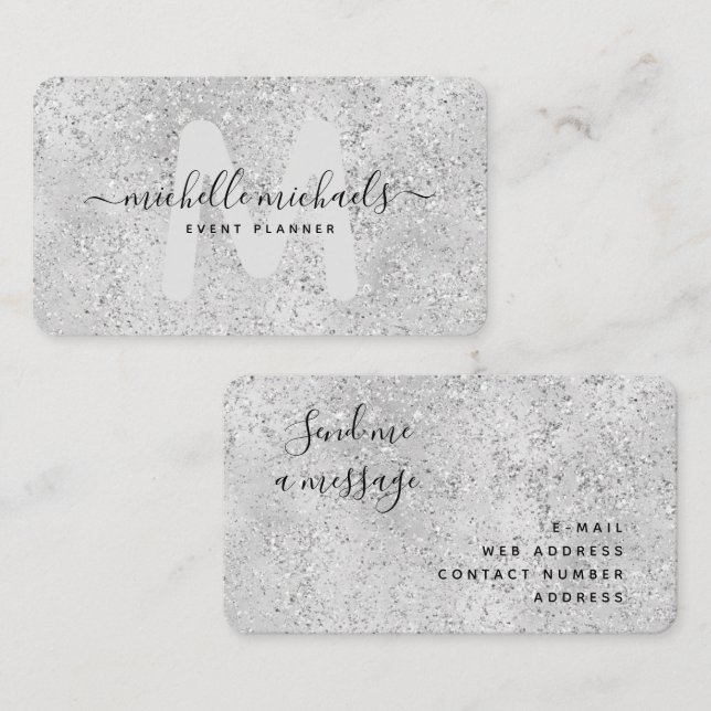 Mod Silver Luxury Glitter Glam Monogram Script Business Card (Front/Back)