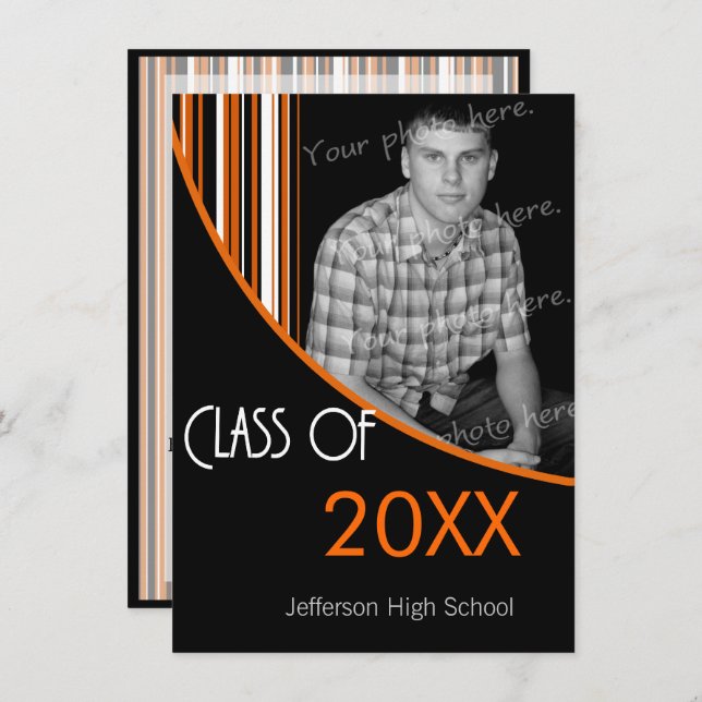 Mod Stripes Graduation Party Invite Orange & Black (Front/Back)
