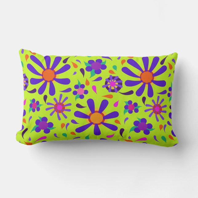 Mod Style Purple Flowers on Peridot Green Lumbar Cushion (Front)