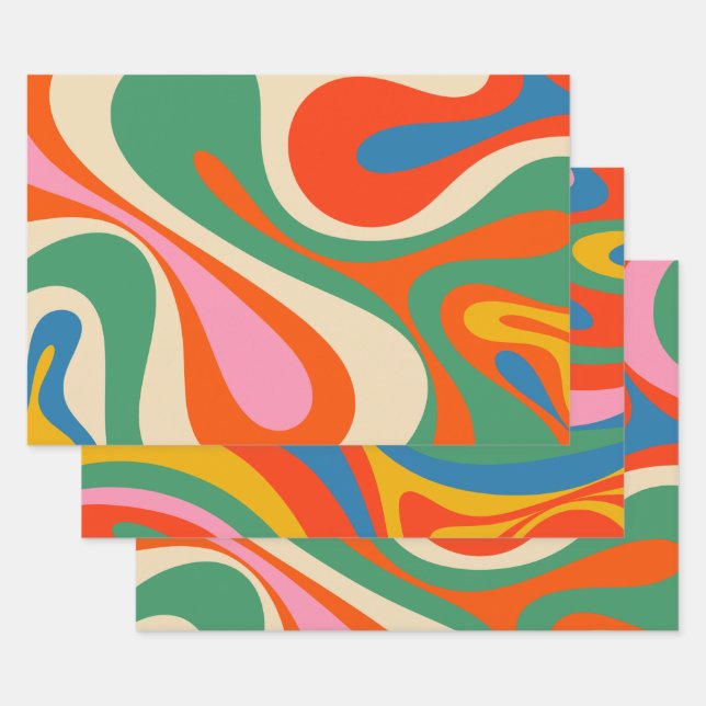 Mod Swirl Retro Trippy Colourful Abstract Pattern Wrapping Paper Sheet (Set)