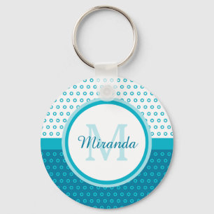 Mod Turquoise Blue Polka Dots Monogram With Name Key Ring