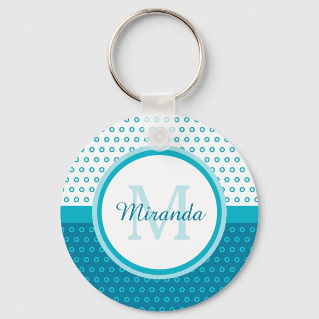 Mod Turquoise Blue Polka Dots Monogram With Name Key Ring (Front)