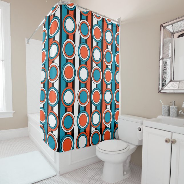 mod Turquoise orange black circle stripes pattern Shower Curtain (In Situ)