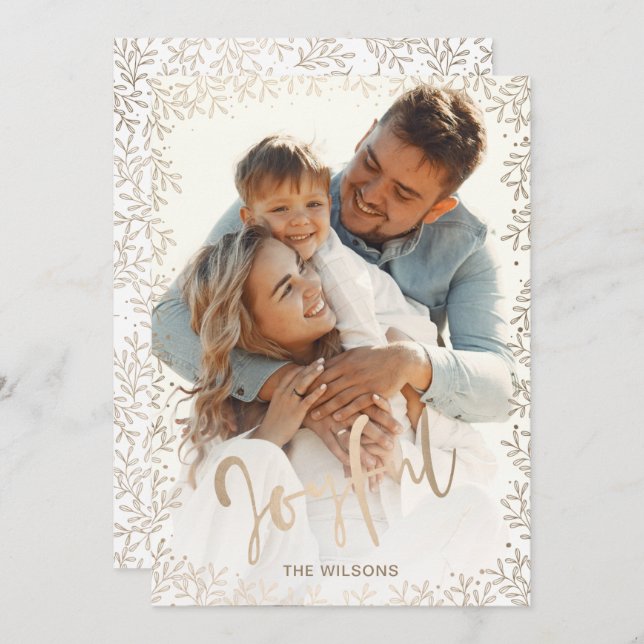Mod Typography Simple Joyful Rose Gold Photo Holiday Card (Front/Back)
