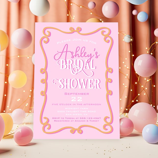 Mod Wavy Doodle Pink Orange Bridal Shower Invitation (Creator Uploaded)