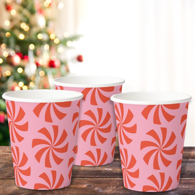 Mod Wavy Retro Christmas Candy Pink Red Holiday Paper Cups (Creator Uploaded)